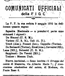 Il trafiletto contenente la deliberazione di affiliazione della FIGC. Si noti come il nome del club è riportato in maniera erronea come Associazione STUDENTINA del calcio. 