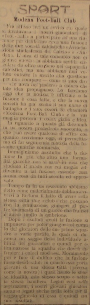 L'articolo del Panaro del 6 aprile 1912.