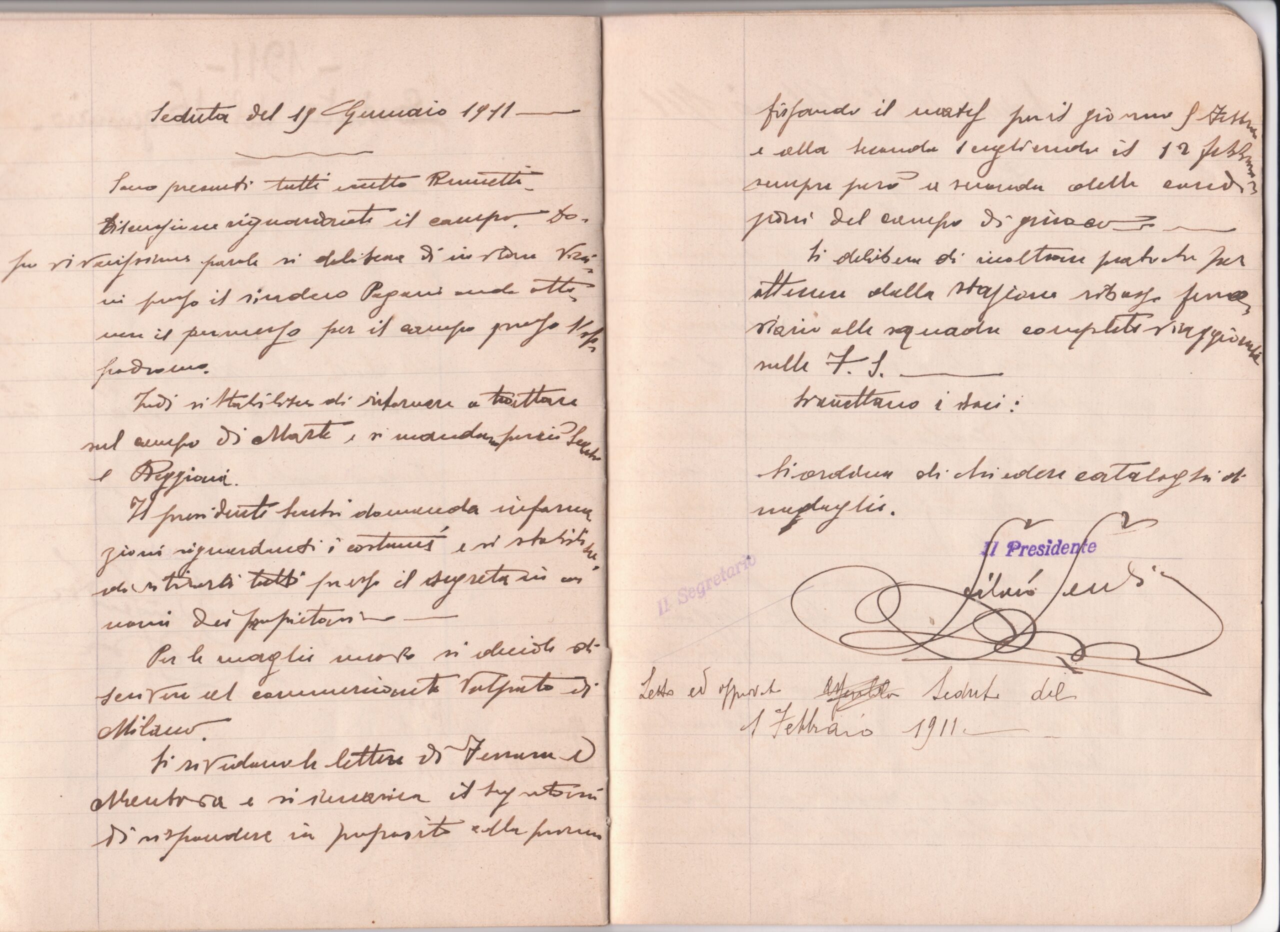 Verbale della riunione del Consiglio dell'ASC del 19 gennaio 1911. All'ordine del giorno: trattative per il campo, l'acquisto delle maglie da gioco e l'organizzazione di amichevoli con Mantova e Ferrara.