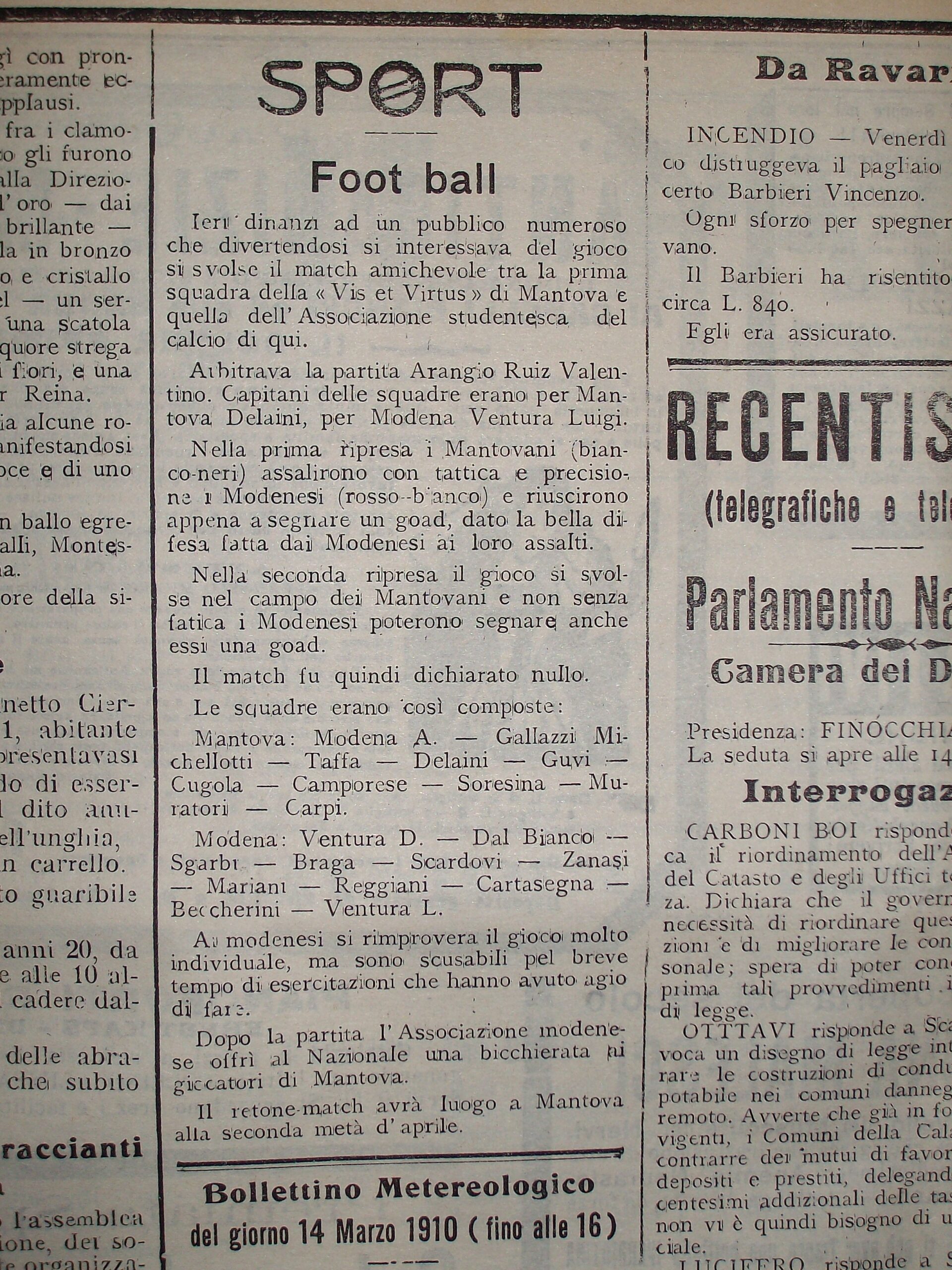Articolo del Panaro sulla prima partita amichevole dell'Associazione.