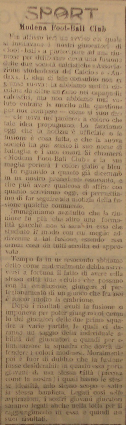 L'articolo del Panaro del 6 aprile 1912.