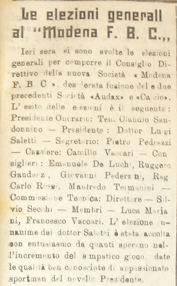 Trafiletto de "Il Giornale" riguardante le prime elezioni al Modena FC