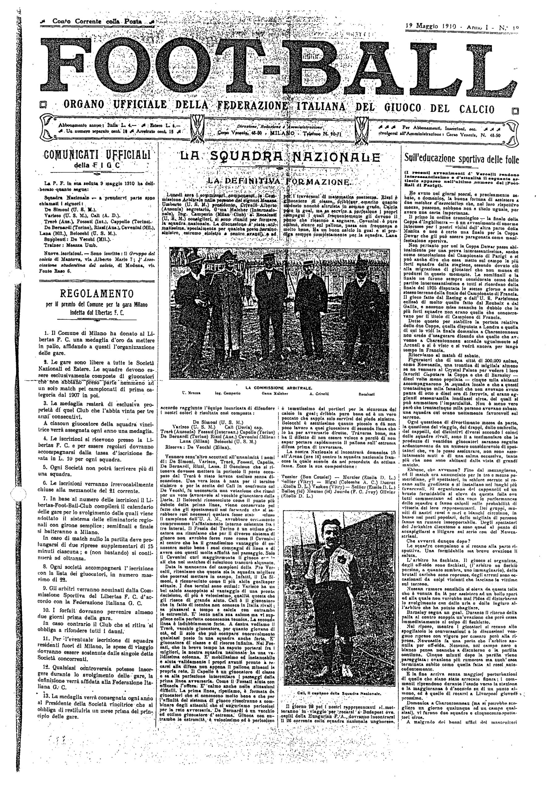 La prima pagina de "Il Football", organo ufficiale della FIGC in cui si da notizia dell'avvenuta affiliazione dell'ASC ai ranghi federali, necessario preludio per la partecipazione ai campionati di III, II e I categoria. Il documento è stato fornito dallo storico di calcio lombardo Nicola Pascale.