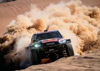 Lucas Moraes (BRA) of team Toyota Gazoo Racing trains during the shakedown prior Rally Dakar
2024 in Al Ula, Saudi Arabia on January 02, 2024