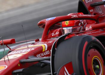 Oct 18, 2024; Austin, Texas, USA; Scuderia Ferrari driver Charles Leclerc (16) of Team Monaco drives during practice for the 2024 US Grand Prix at Circuit of the Americas. Mandatory Credit: Jerome Miron-Imagn Images
