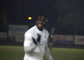Adusa festeggia un gol nella gara contro il Persiceto
