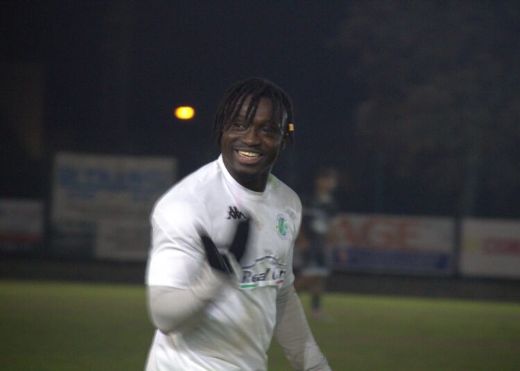 Adusa festeggia un gol nella gara contro il Persiceto