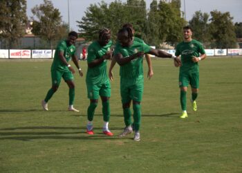 Adusa festeggia un gol contro la Virtus Correggio