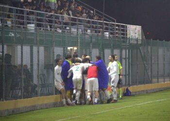 L'esultanza del Medolla dopo il gol di Haddaji nela sfida con la Sanmichelese
