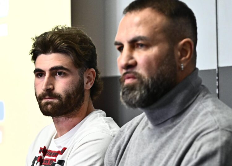 Genoa Cricket and Football Club player, Manolo Portanova (L), and his father Daniele during the press conference after the sentence that sentenced him to six years in prison for gang rape, Genoa, Italy, 10 March 2023. The victim was raped on the night between 30 and 31 May 2021. ANSA / LUCA ZENNARO