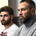 Genoa Cricket and Football Club player, Manolo Portanova (L), and his father Daniele during the press conference after the sentence that sentenced him to six years in prison for gang rape, Genoa, Italy, 10 March 2023. The victim was raped on the night between 30 and 31 May 2021. ANSA / LUCA ZENNARO